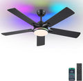 Kviflon 52 Inch Ceiling Fans with Lights, Modern RGB Ceiling Fans, Black Ceiling Fan with Light for Bedroom Living Room, Remote/APP Control, Reversible Quiet DC Motor, Dimmable LED, Wooden Blades