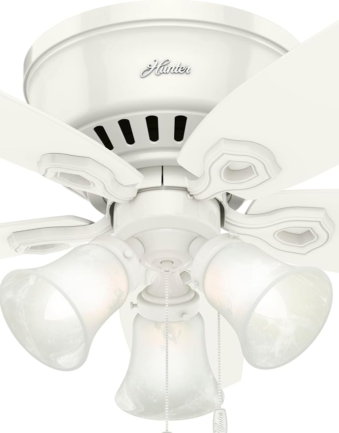 Hunter Builder, Indoor, Ceiling Fan, with LED Lights, 42 inch, Snow White | Low Profile Flush Mount, Pull Chain, 5 Blades, For Bedroom, Living Room, Kitchen, 51090