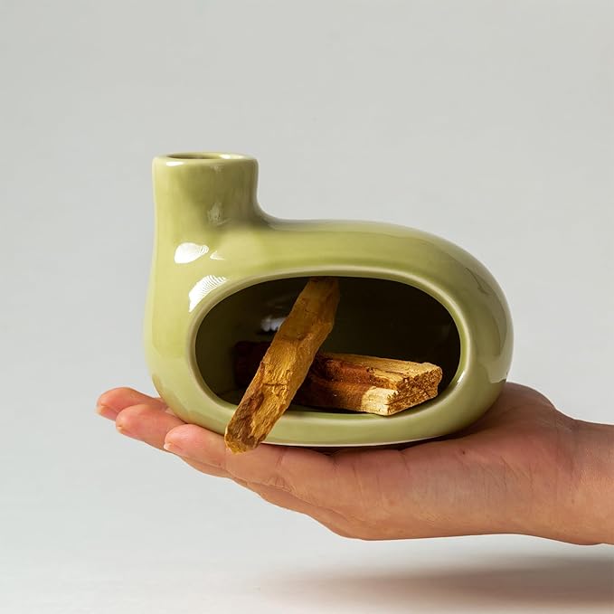 MOUGIGI Palo Santo Holder Burner - Modern Chiminea Incense Dish for Palo Santo Sticks and Cones - Ceramic Meditation Gift with Natural Polished Surface - Perfect for Yoga, Aromatherapy