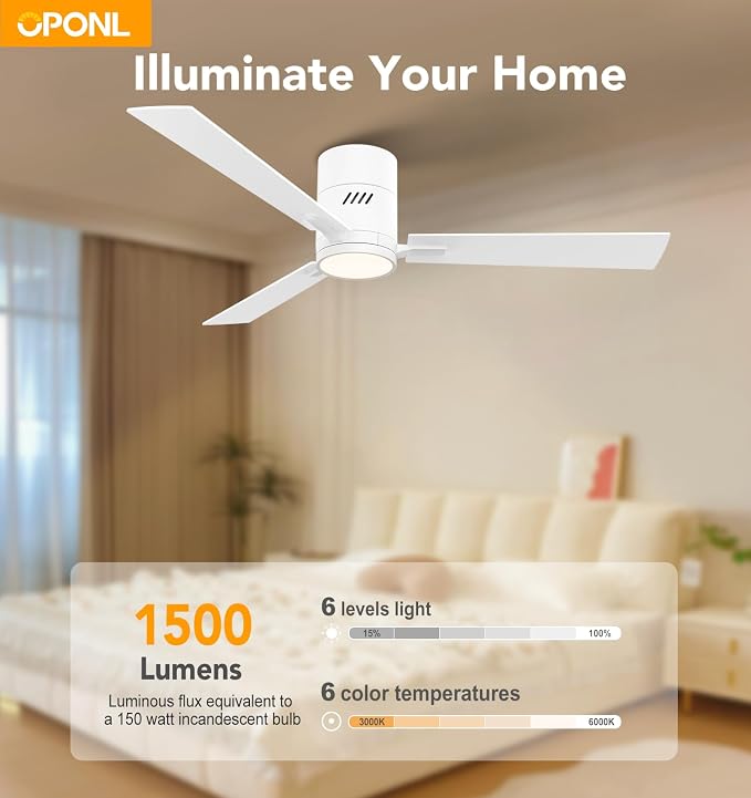 OPONL Ceiling Fan with Light, 52 inch Low Profile Ceiling fan with Light and Remote Control, Reversible, 6CCT, Dimmable, Noiseless, White Ceiling Fan for Bedroom, Indoor/Outdoor Use, Classic