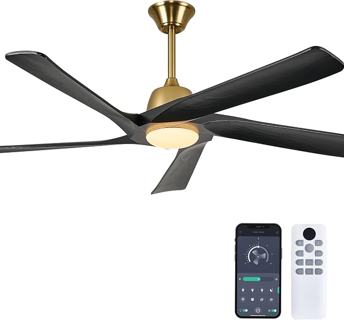 60 Inch Solid Wood Ceiling Fan with Light, Remote and APP Control, 3-color Dimmable, DC Motor, 6-speed Reversible,Outdoor/Indoor Ceiling Fans for Bedroom, Living Room, Black Gold