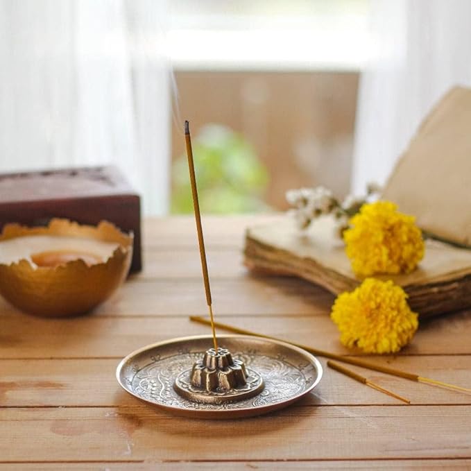 Handcrafted Brass Embossed Incense Burner Stick Holder Bowl Traditional Design for Aromatherapy,Meditaion, Yoga, Ash Catcher Bowl for Home Décor (5" x 5" x 1.5"), Antique Vintage Finish