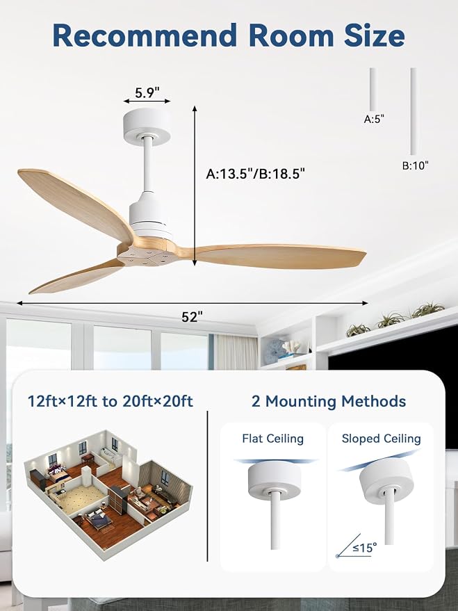 Sofucor 52 Inch Wood Ceiling Fans no Light, Works with App/Alexa/Google, Dimmable 6-Speed Outdoor Ceiling Fan with Remote for Indoor Bedroom Living Room Outdoor Patio Porch, Reversible DC Motor