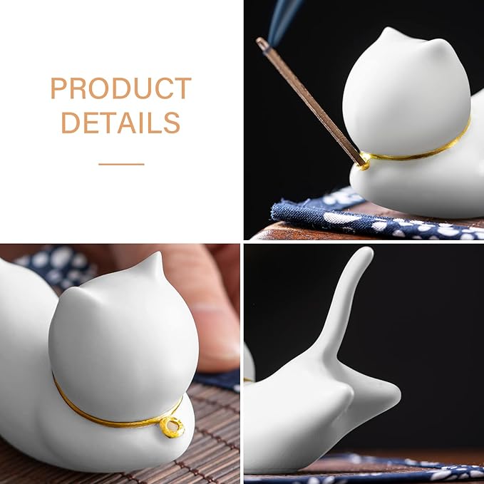 Incense Holder Handmade Ceramic Incense Burner with 30 Sandalwood Insence-Stick Holder with Bamboo Mat, Cute Cat Decor Incense Holder for Sticks for Aromatherapy/Yoga/Meditation/Home