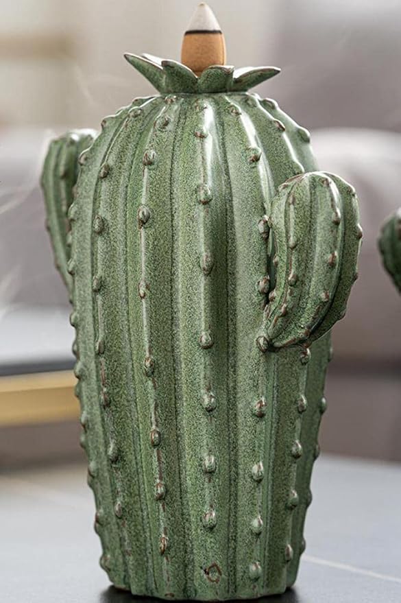 Backflow Incense Burner Holder Cactus Waterfall Home Decor Porcelain with Incense Cone Sticks Holder Incense Sticks Backflow Incense Cones Mat Tweezer Gift Set (3)