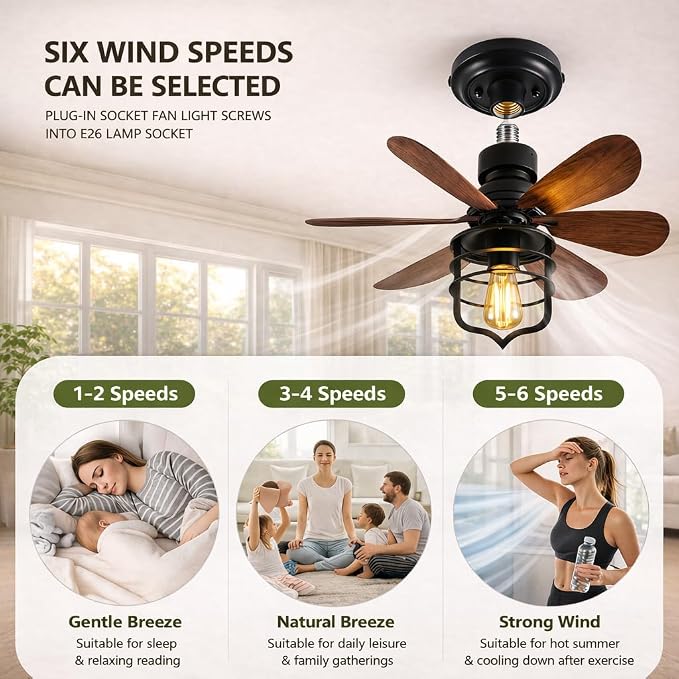 Garwarm 20IN Ceiling Fans with Lights, Socket Fan Light with Remote, Screw in Ceiling Fan in Light Socket Small Ceiling Fan for Garage,Bedroom, Kitchen, Living Room(Bulb not Included)