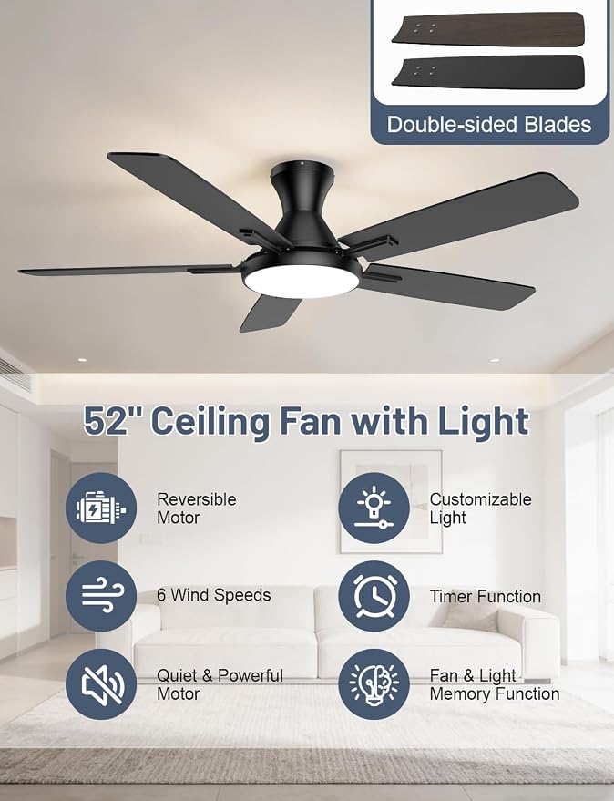 Ceiling Fan with Lights, 52” Ceiling Fan with Light and Remote/APP Control, 2700-6500K CCT Adjustable, Stepless Dimmable, Quiet Reversible Motor, Flush Mount LED Fans Light for Bedroom Living Room