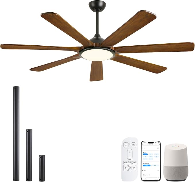 72 inch Solid Wood Smart Ceiling Fan with Lights, Alexa Voice Control,Modern Rustic Farmhouse Outdoor 7-Blade Ceiling Fan for Large Room Patio Gazebo, Damp Rated high air volume, DC motor