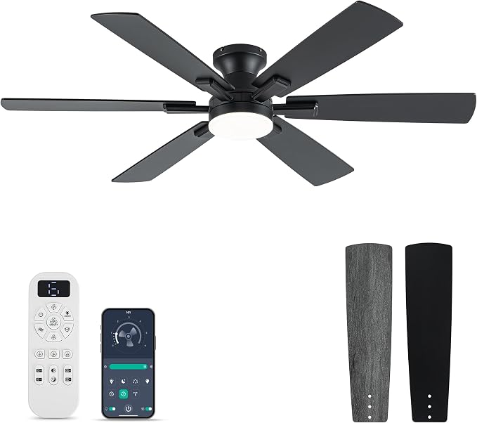 Ceiling Fans with Lights and Remote Control, Black Low Profile Ceiling Fan with Light 3-Color LED Dimmable, Memory for Lighting, Fan Reversible and Fan Gear, 6-Speed, Timer, Indoor/Outdoor Use