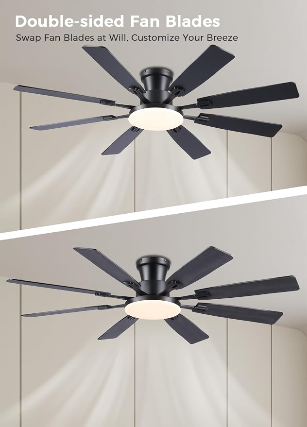 JSAITEE 60Inch Ceiling Fan with Lights, Large Low Profile Flush Mount,Black | Ceiling Fans,DC Reversible Motor Noiseless, 3CCT Dimmable, Dual Finish, 6 Speeds Ceiling Fan for Indoor/Outdoor