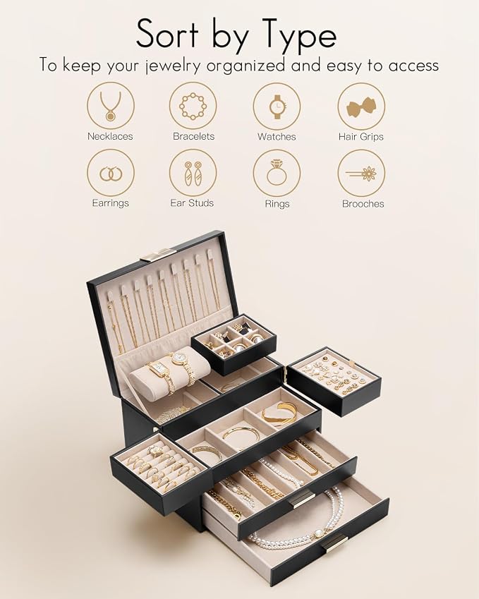 VLANDO 4 Layers Jewelry Box - Women Jewelry Box with Retractable Tray - Jewelry Organizer with Drawer for Necklaces, Rings, Bracelets, Earrings, Gift for Couples Mom Girls - Black
