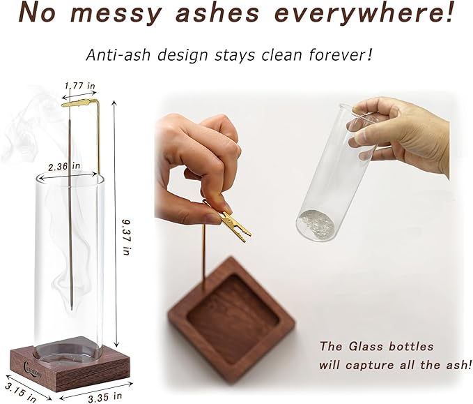 Ceremony Incense Holder, Wooden Incense Holder for Sticks with Glass Ash Catcher, Anti-ash Incense Burner with 20 Incense Sticks and a Ash Brush for Meditation Yoga Spa Room Decor