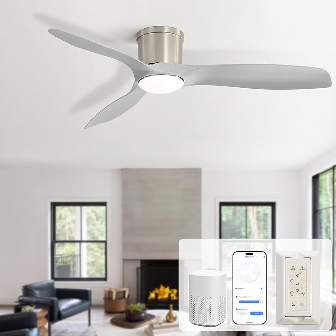 Sofucor 52 Inch Smart Ceiling Fan with Lights, Modern Low Profile Flush Mount Ceiling Fan with 6500CFM, Compatible with Alexa/Google/App, 3 Plastic Blade, Dimmable Timer Reversible DC Motor, ETL, ABS