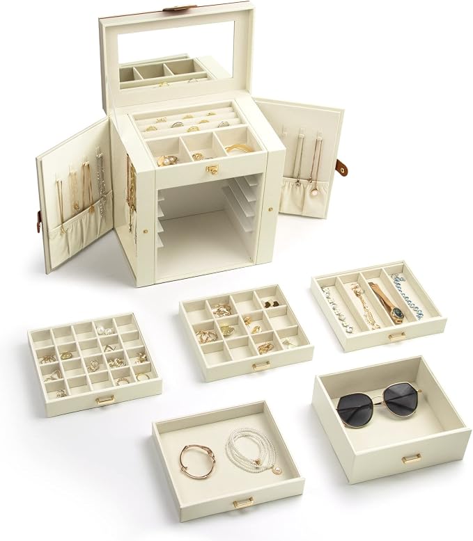KAMIER Jewelry Box for Women, 6-Layer Large Jewelry Holder Organizer Box with Mirror & 5 Drawers for Rings, Earrings, Necklaces, Bracelets,White