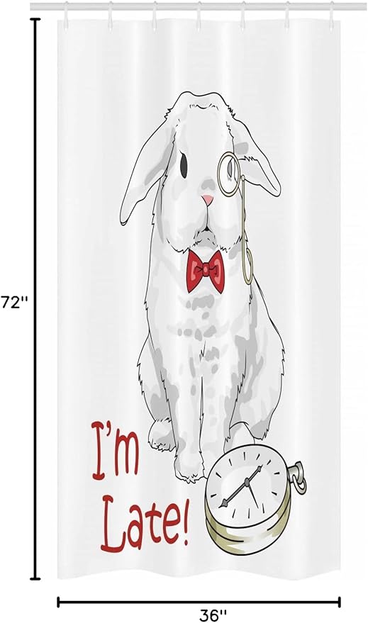 Ambesonne Alice in Wonderland Stall Shower Curtain, Funny Rabbit Watches in Cartoon Style Design Character Fantasy, Fabric Bathroom Decor Set with Hooks, 36" W x 72" L, White Red