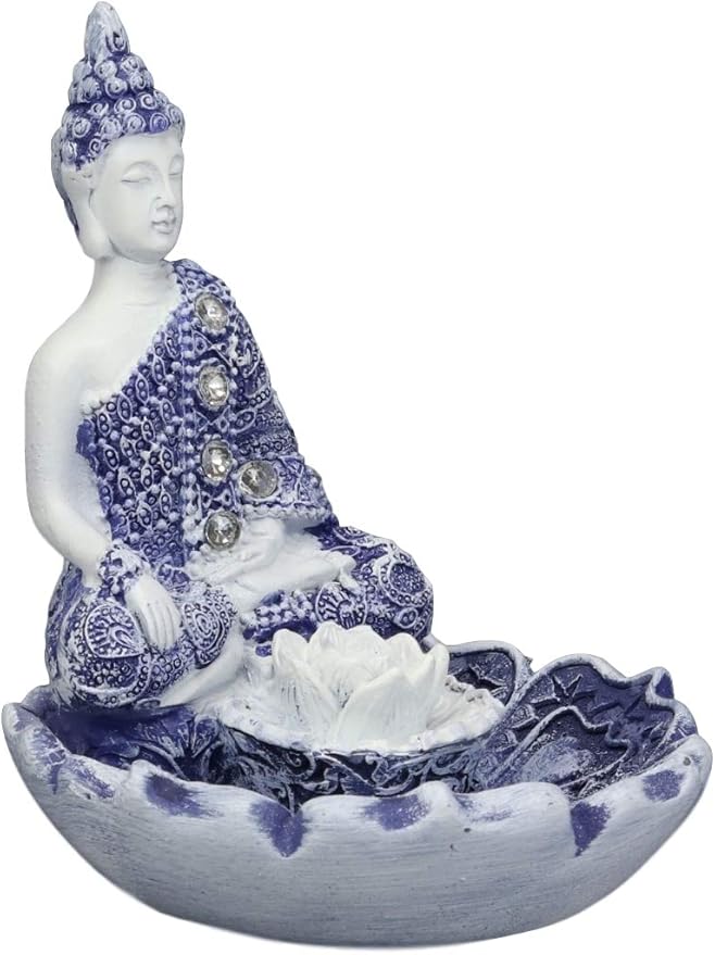 Ebros Gift Bhumisparsha Mudra Buddha Amitabha Meditating by Padma Lotus Flower Incense Holder Burner Figurine in Terracotta Blue and White 4.25" High Buddhist Eastern Enlightenment Feng Shui Decor