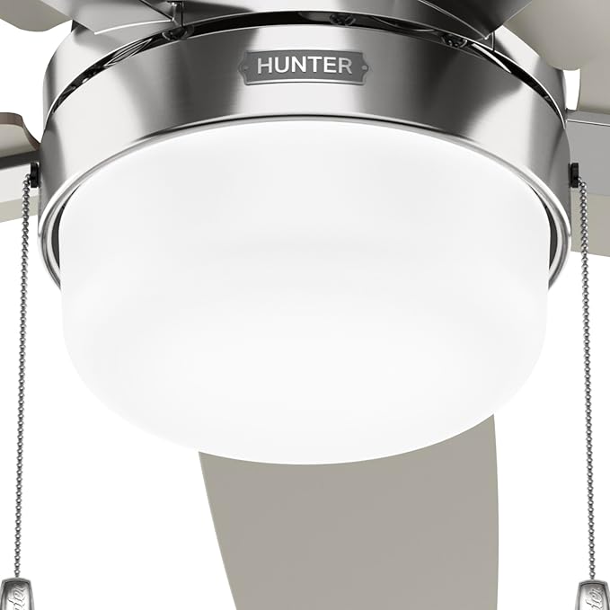 Hunter 44" Anisten Indoor Ceiling Fan, Light, Pull Chain, Brushed Nickel | WhisperWind whisper-quiet motor, DuraLight lens, and 3" downrod support bedrooms, offices, and small rooms year-round.