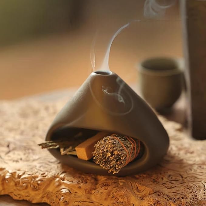 Ceramic Incense Holder Palo Santo Holder Handcrafted Dual-Use for Sage Sticks Cones Incense Burner for Yoga Meditation Aromatherapy Healing Home Decor Black (Style C)