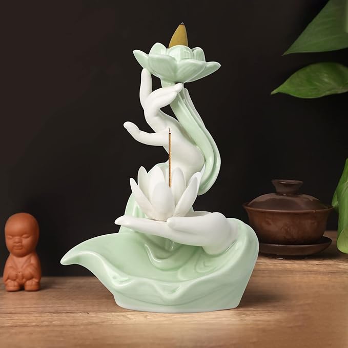 Backflow Incense Holder Buddhist Culture，Waterfall Incense Burner Buddha's Hand and Lotus Pattern，Aromatherapy Ornament Home Décor Nice Gift for Friends Families