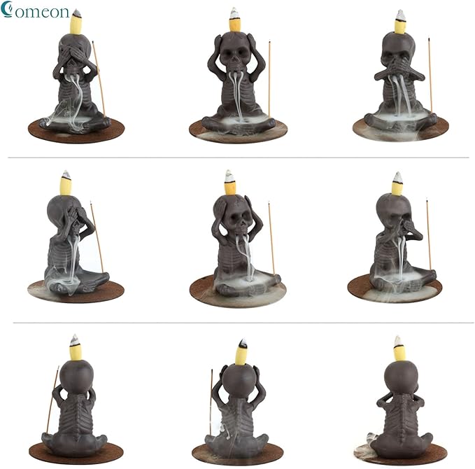 Comeon Backflow Incense Burner Skull Decor Incense Stick Holder Reverse Flow Censer Incense Waterfall Burner + Backflow Incense Cones, Incense Sticks, Tweezer, Mat (Set of 3)