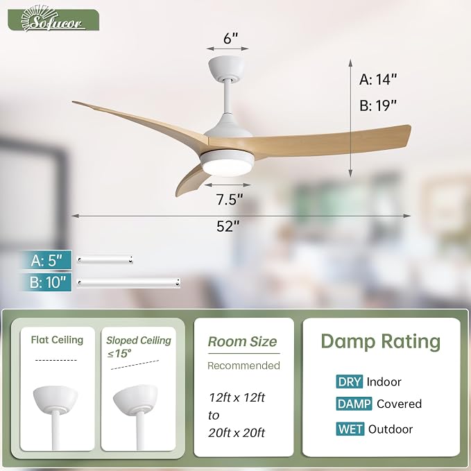 Sofucor 52 Inch Smart Ceiling Fan, Modern Outdoor Ceiling Fans with Lights Remote Control, Works with Alexa/App/Google, Airflow 6000CFM ABS 3 Blades Reversible DC Motor for Living Room Bedroom Patio
