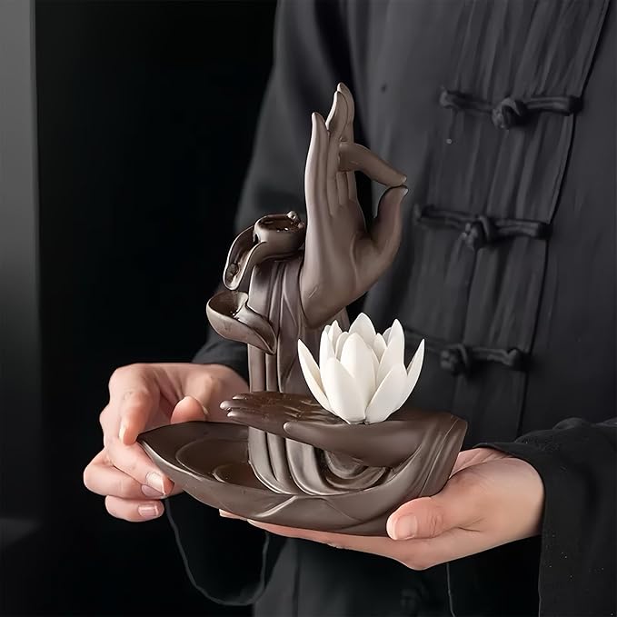 Lotus Hand Backflow Incense Burner– Ceramic Cones Incense Holder Waterfall Incense Burner & Incense Waterfall Fountain for Zen Decor Backflow Incense Cone Burner