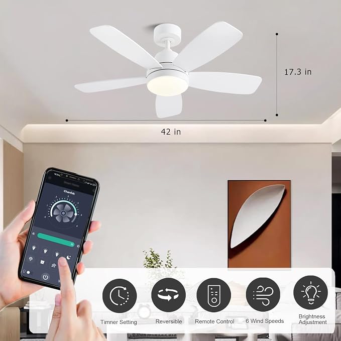 GJeg Ceiling Fans with Lights, 42 Inch Low Profile Ceiling Fan with Lights and Remote Control, LED Dimmable DC Reversible, 8 Speed, Noiseless, Modern White Ceiling Fan for Bedroom, Indoor/Outdoor Use