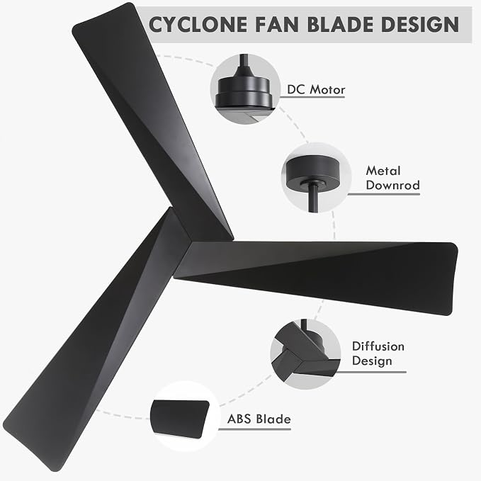 WINGBO 52" DC Ceiling Fan without Lights, Matte Black Ceiling Fan with Remote, 3 ABS Plastic Blades, 6 Speed Reversible DC Motor, Ceiling Fans No Light for Kitchen Bedroom Living Room