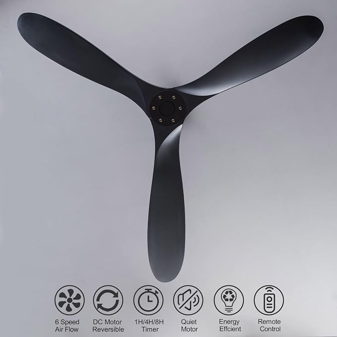 KBZZ 60 Inch Ceiling Fan NO Light with Remote, 3 Blade ABS Black Ceiling Fan, 6 Speeds Quiet DC Motor Exterior Fan, Indoor Outdoor Ceiling Fan for Living Room,Study,Patio,Porch,Gazebo