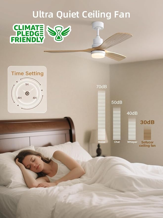 Sofucor 52 Inch Smart Ceiling Fans with Lights and Alexa/APP/Remote Control-Modern Solid Wood Outdoor 3 Blades Ceiling Fan for Indoor/Bedroom/Living Room/Kitchen/Patio, Natural Wood