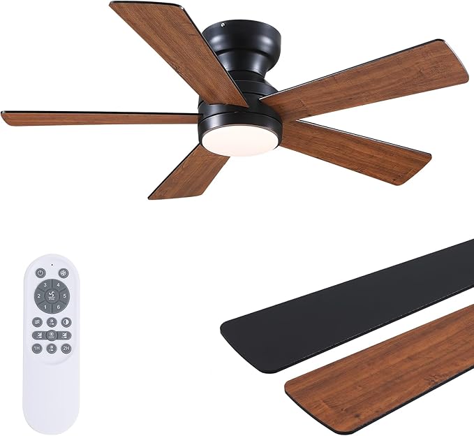 BYKISTOK Ceiling Fans with Lights Flush Mount - 46in Low Profile Ceiling Fan Remote Control with 5 Dual-Sided Blades, Reversible 6 Speeds, Dimming & 2H Timing, Indoor Fan Light for Bedroom, Kitchen