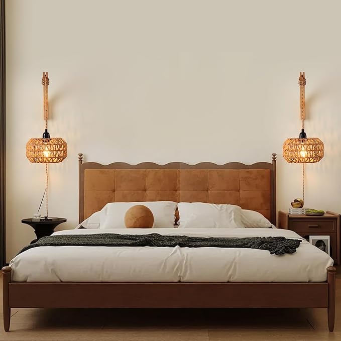 Plug in Wall Sconce,Farmhouse Wicker Wall Lamp Plug in,Hand Woven Rattan Wall Light Farmhouse Rustic Boho Sconces Wall Lighting for Living Room Bedroom