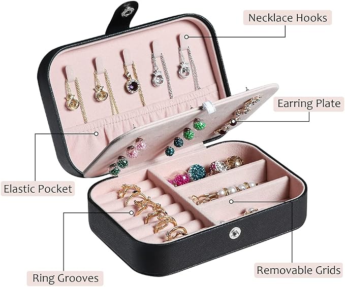 Hatori Travel Jewelry Box, PU Leather Small Jewelry Organizer for Women Girls, Double Layer Portable Mini Travel Case Display Storage Holder Boxes for Stud Earrings, Rings (Black Beige)