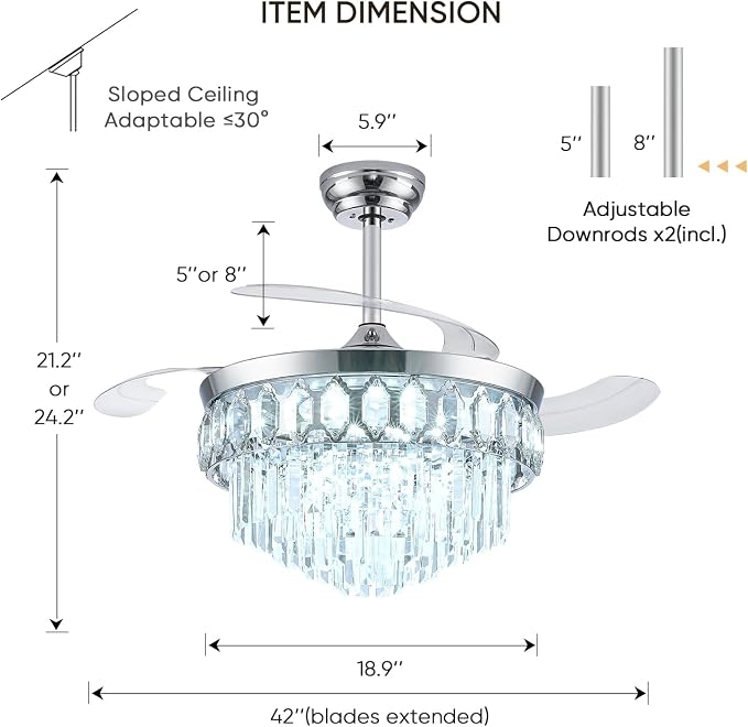 FIDGRA 42 Inch Fandelier Ceiling Fan with Light, Retractable Ceiling Fan with Lights Chandelier Fan for Bedroom, Living Room, 3 Color Temperature, 6 Wind Speed-Chrome