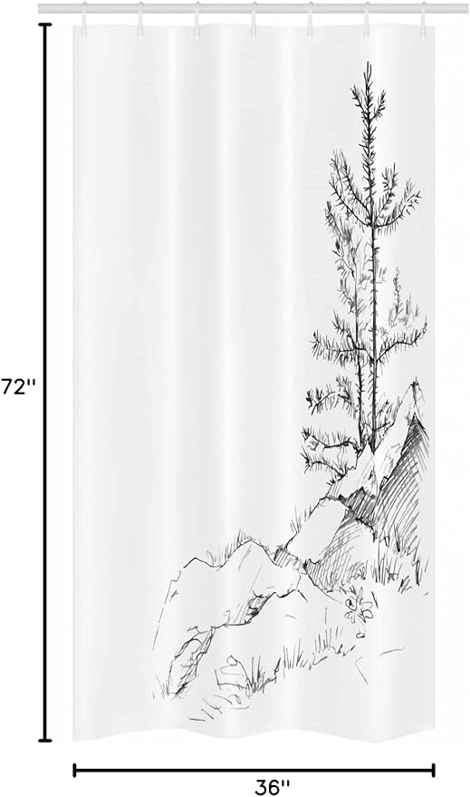 Ambesonne Sketchy Stall Shower Curtain, Young Thin Pine Trees on Rocks Ecology Forest Park Habitat Landscape Sketch Print, Fabric Bathroom Decor Set with Hooks, 36" W x 72" L, White Charcoal