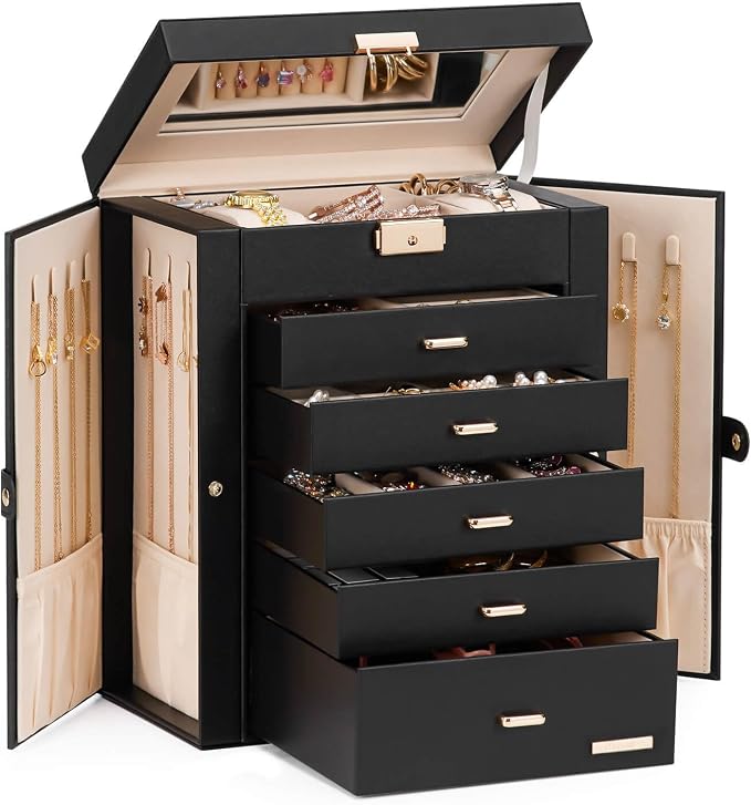Homde Jewelry Box Large for Women: 6 Layers 5 Drawers Organizer with Mirror for Ring Earring Necklace - Storage Holder with Lock for Dresser - Ideal Gift Case (Black)