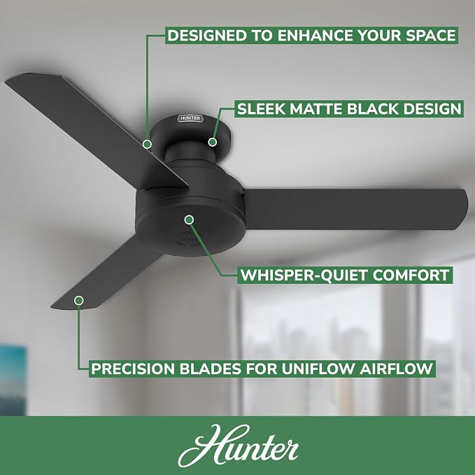 Hunter Presto, Indoor, Ceiling Fan, No Light, Modern, 44 inch, Matte Black | Low Profile Mount, Wall Control, 3 Blades, For Bedroom, Living Room, Kitchen, 52401