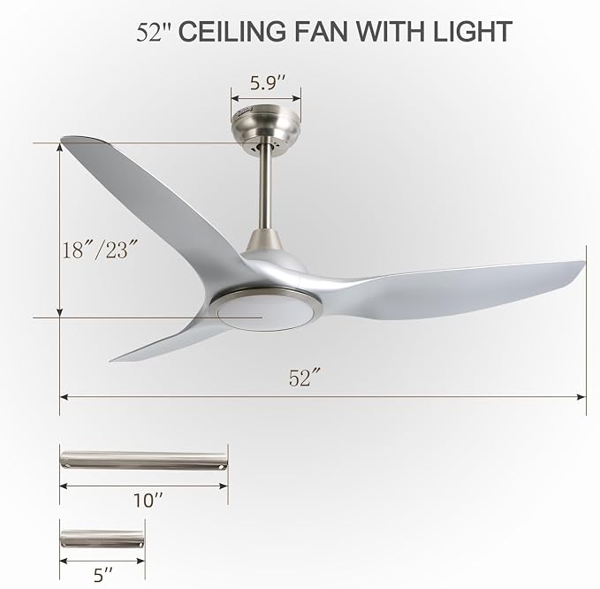 52 Inch DC Motor 3 Blade Modern Silver Ceiling Fan with Light and Remote | Quiet, 6 Speed High CFM, Indoor Ceiling Fan for Bedroom Living Room Porch