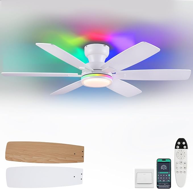 Kviflon 52 in Ceiling Fans with RGB Lights Remote/APP Control, Flush Mount Ceiling Fans, Double-Sided 6 Reversible Blades, RGB Ring Lights+3 CCT Dimmable Lights, Double Lampshade for Bedroom, White