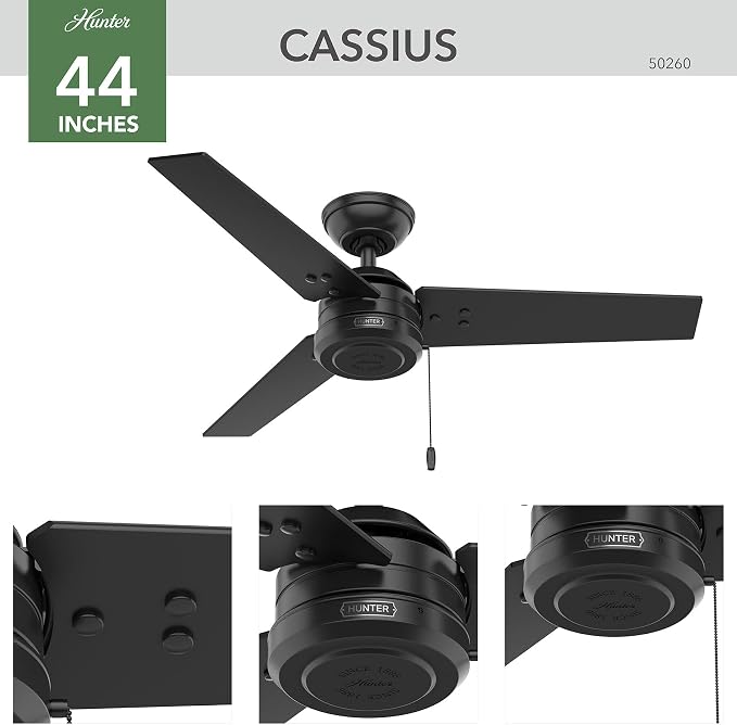 Hunter Cassius, Outdoor or Indoor, Ceiling Fan, 44 inch, Matte Black | No Light, Standard Mount, Pull Chain, 3 Blades, For Living Room, Patio, Porch, Garage, 50260
