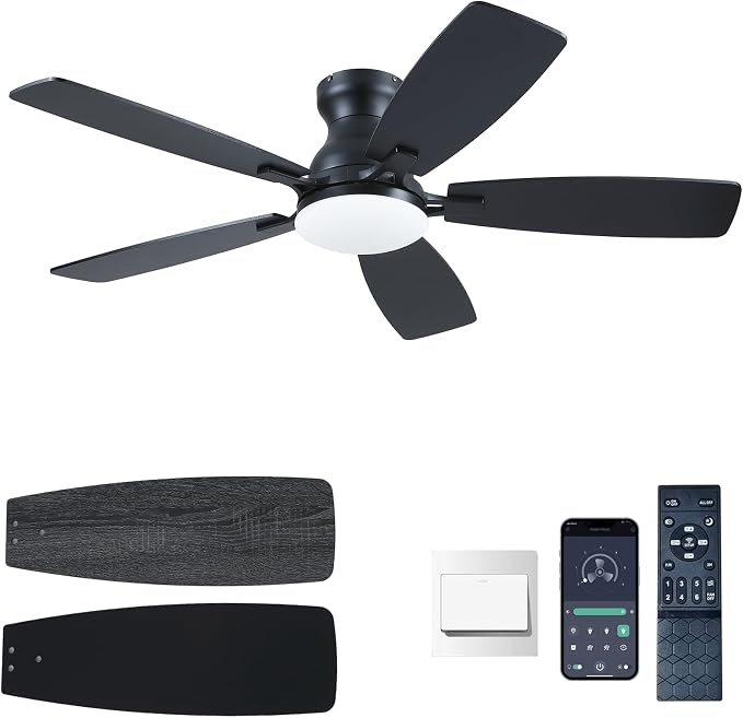 NKPU Ceiling Fans with Lights, Low Profile Ceiling Fan with Light and Remote/APP Control, DC Motor, Noiseless, Flush Mount, 46inch Black Ceiling Fan for Bedroom Indoor/Outdoor Use