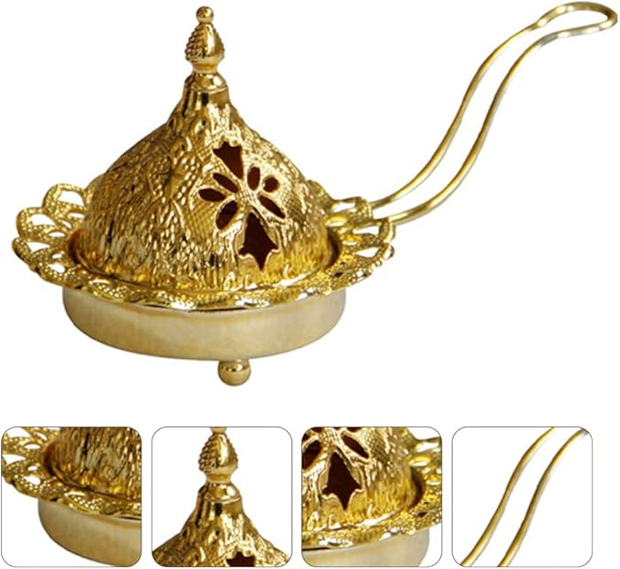 Veemoon Arabian Incense Burner, Frankincense Cone Charcoal Burner Vintage Bakhoor Arabian Diffuser Metal Oud - Stove Cover and Bowl - Gold Aroma Incense for Home Decoration