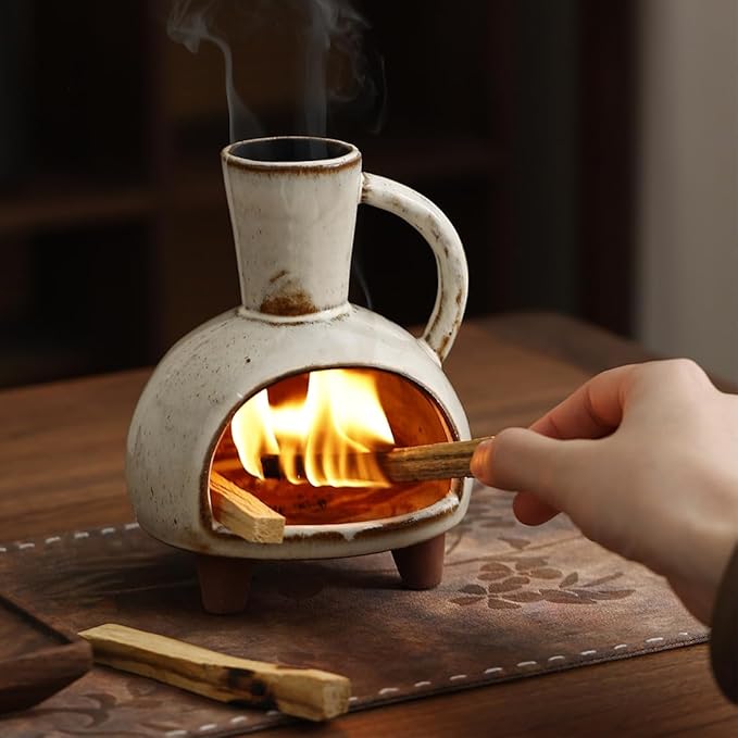Ceramic Incense Holder, Mini Palo Santo Burner Chimney for Palo Santo Sticks, Cone Incense and Sage Smudging, Handmade Cone Incense Holder Burner for Yoga, Meditation, and Energy Cleansing (Retro 01)