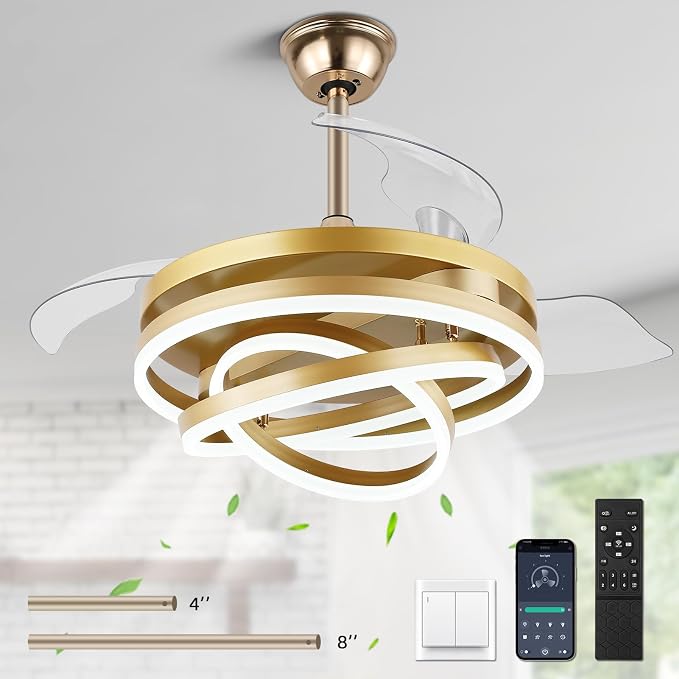 42 Inch Retractable Ceiling Fan with Lights, Fandelier Gold Ceiling Fan with 6 Speeds,3000K-6000K Adjustable,DC Motor,Chandelier Ceiling Fans with Lights and Remote for Bedroom Living Room