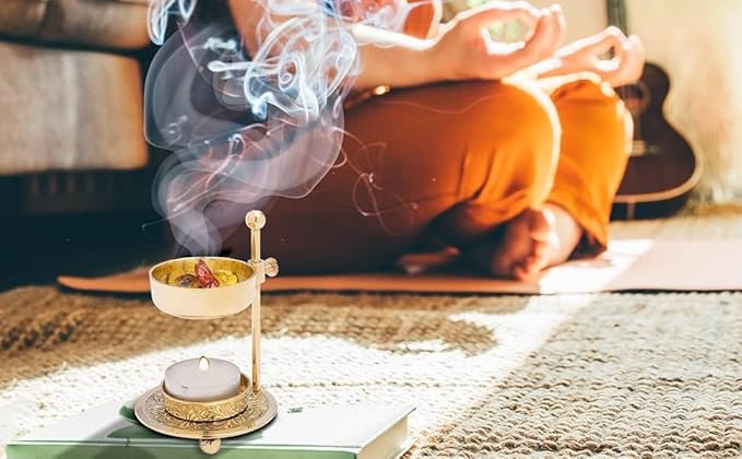 Handmade Gold Brass Incense Burner/Incense Censer with Sieve – Adjustable Height 4.33 Inch Adjustable Incense Heater for Aromatherapy with Tea Light Included (Gold Brass)
