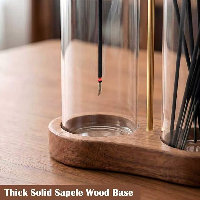 Incense Holder for Sticks with Glass Ash Catcher - Upside Down Anti-Ash Flying Incense Burner & Stick Storage Organizer, Ideal for Meditation, Yoga, Zen Home Decor, Spa Relaxation Gift (Natural Wood)