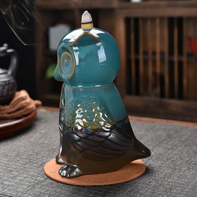 Backflow Incense Burner Holder Owl Shape Waterfall Porcelain Incense Holder Home Decor with Incense Cone Sticks Holder Incense Sticks Backflow Incense Cones Mat Tweezer Gift Set