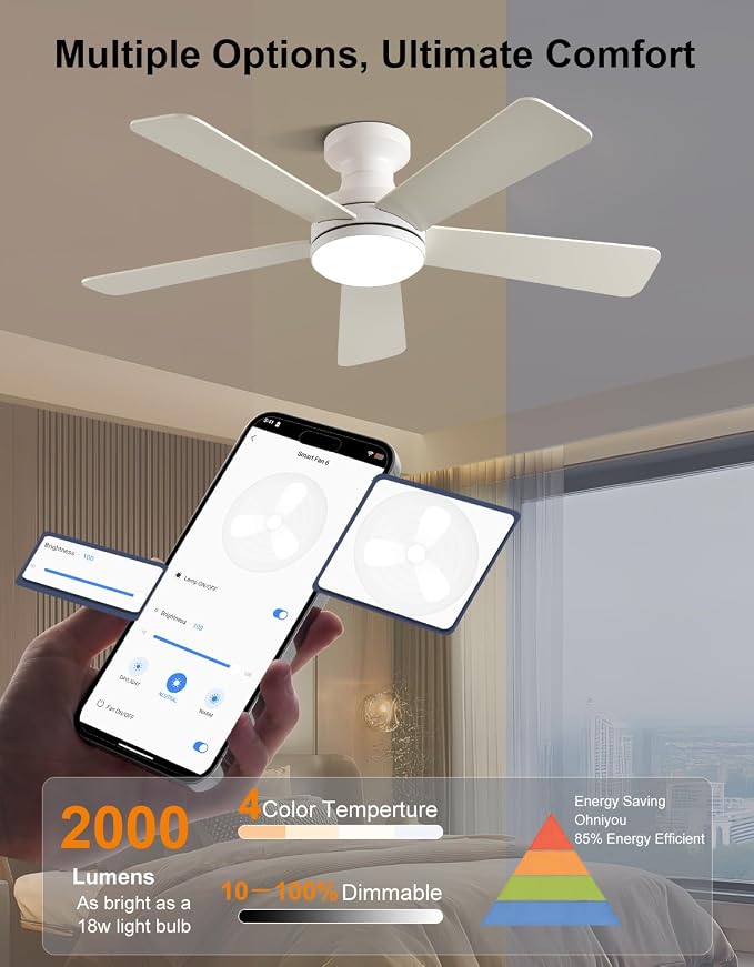 42 inch RGB Ceiling Fan with Light, Voice & App & Remote Control Low Profile Flush Mount Ceiling Fan,6 Speeds Silent Motor, 4-Color Temperature Dimmable for Home Office Party, White