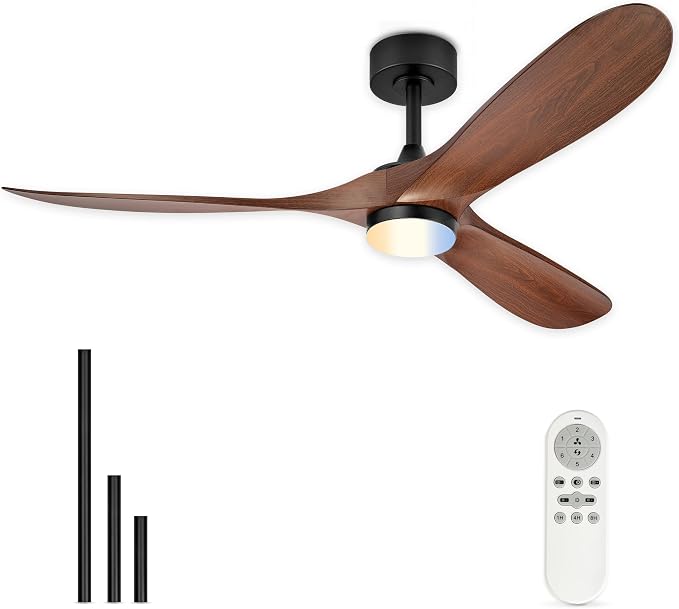 60" Ceiling Fan with Light, Damp Rated for Covered Outdoor Patio, Wood-Grain ABS Blades, Quiet DC Motor, 3CCT Dimmable LED, Remote Control, Modern Large Ceiling Fan, ZCCF08WD-60
