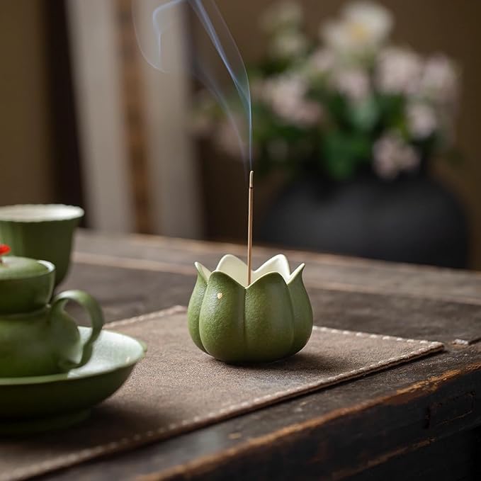 Hermit Life Incense Burner with 9 Holes Stick Holder, Lotus Bud or Tripod Ding Shape Design and Matte Ceramic Surface for Home Décor, Incense Stick Holder with Ash Catcher (Green Lotus Bud)